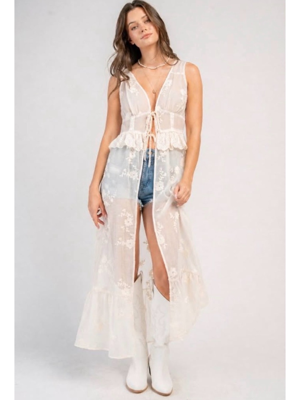 Sheer Lace Maxi Duster Vest - White